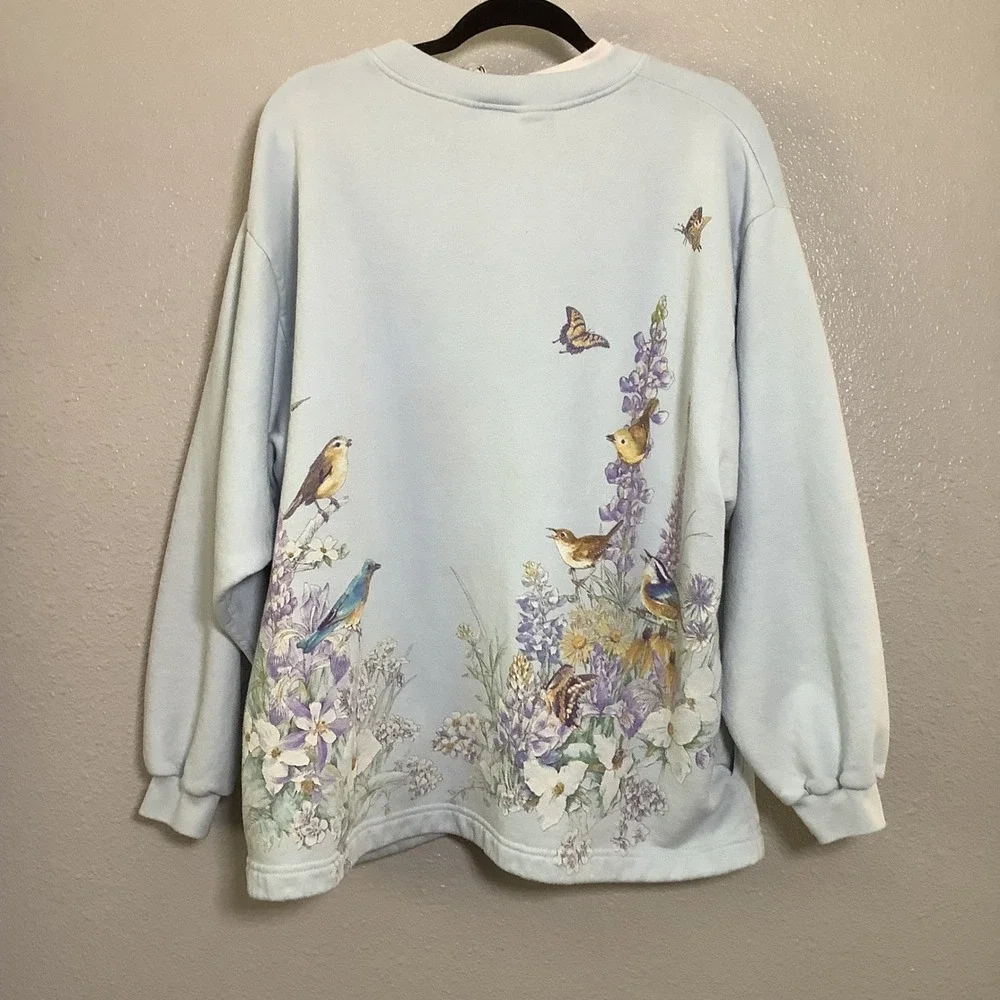 Vintage Blue Cottagecore Butterfly Bird Granny Whimsical Fleece Cardigan XXL‎
